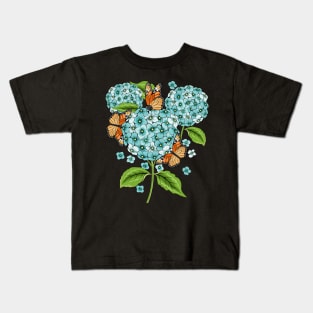 Blue Hydrangea And Butterfly Art Kids T-Shirt